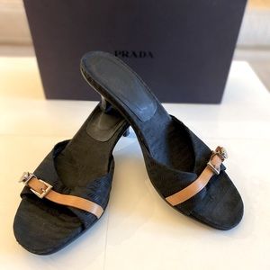 PRADA Tessuto Black Monogram Logo Kitten Heel Slides. Size 39 1/2.